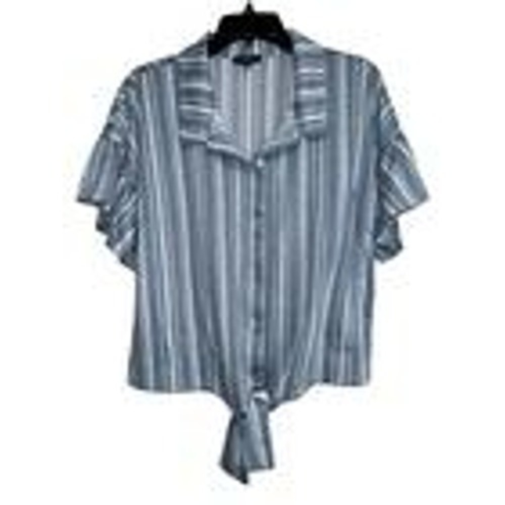 A.UW Women's Large Striped Tie Front Top Ruffle‎ Sleeves Button Down Blouse